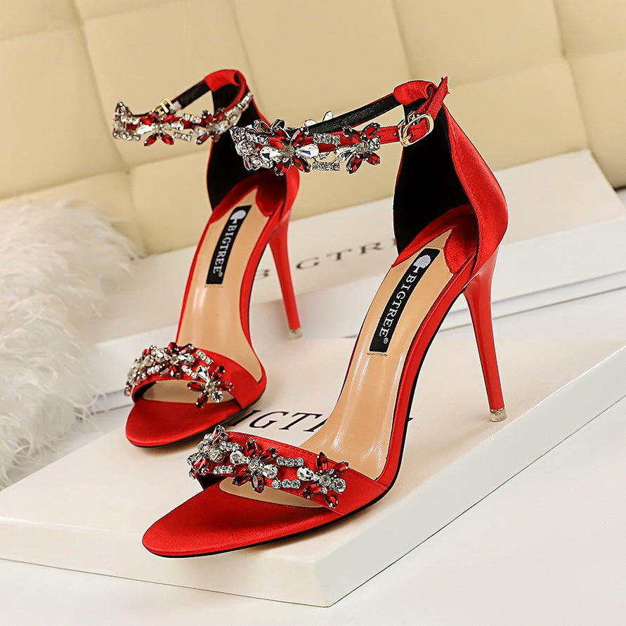 ShimmerStiletto Satin Rhinestone Party Heels – Open Toe Glam