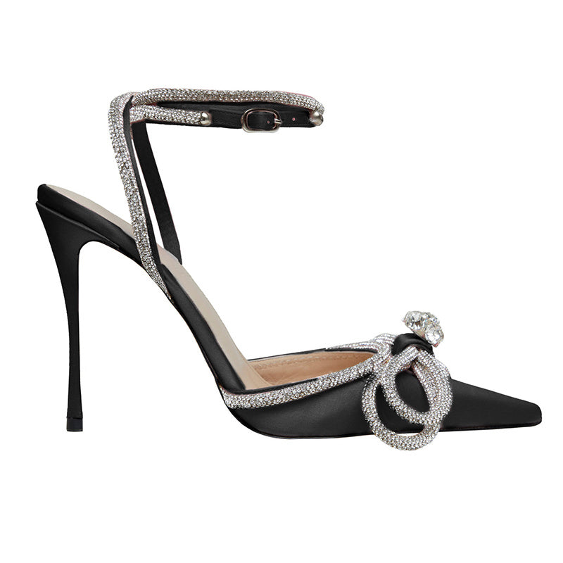 Luna Satin Bow Heels – Rhinestone Charm Edition