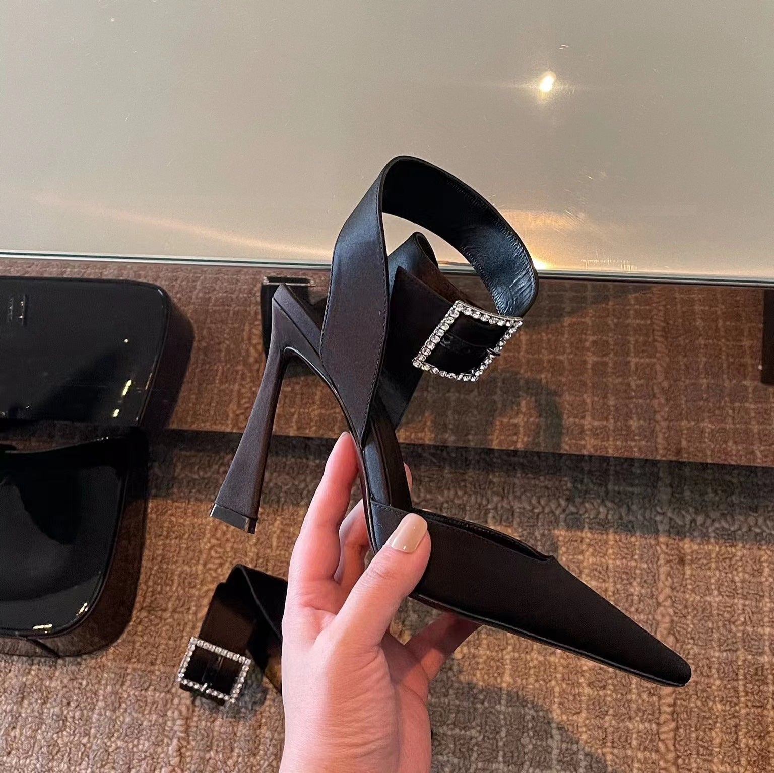 Astra Satin Square Heels – Bold Elegance in Classic Black