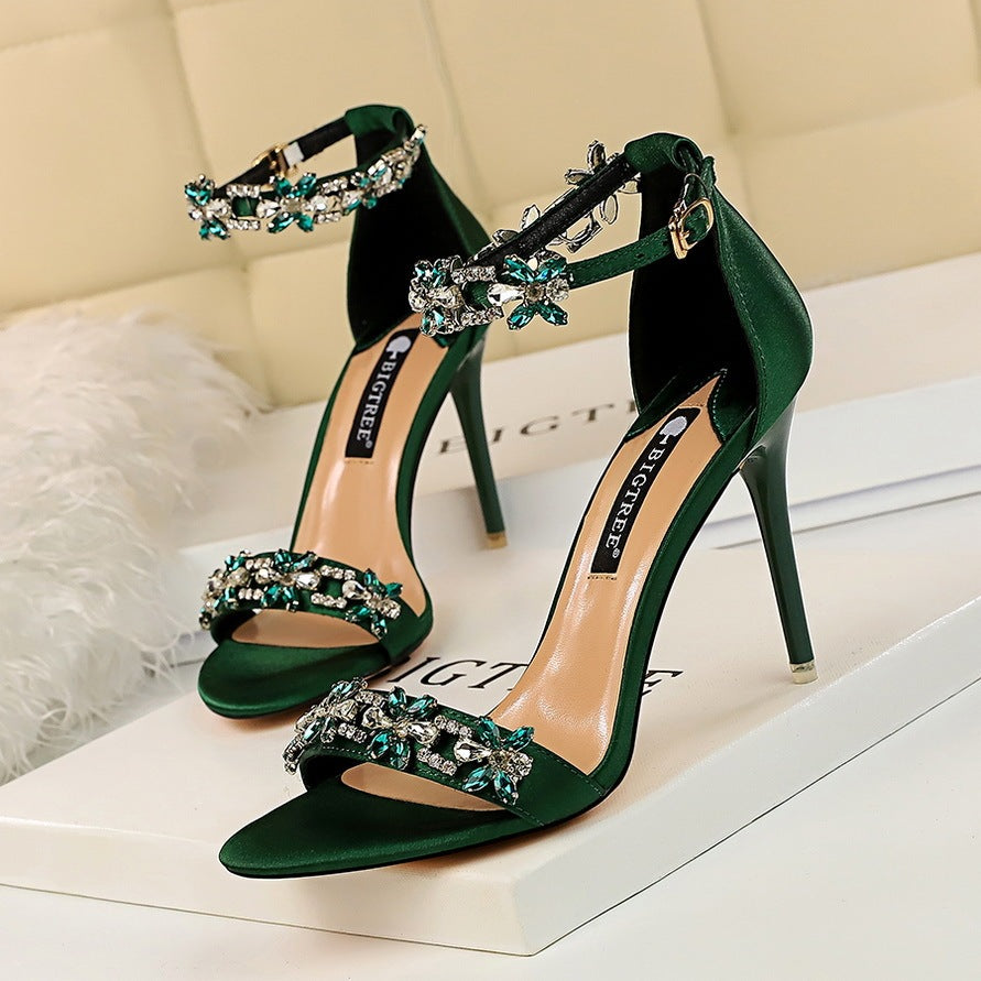 ShimmerStiletto Satin Rhinestone Party Heels – Open Toe Glam