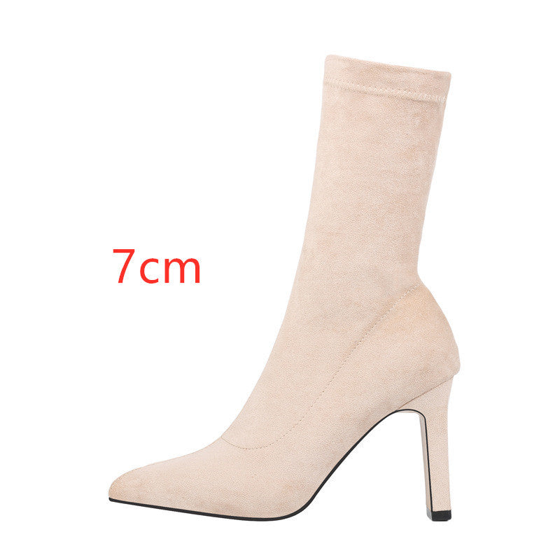 Luna Mid-Calf Stretch Boots – Sleek Fit, Bold Heel