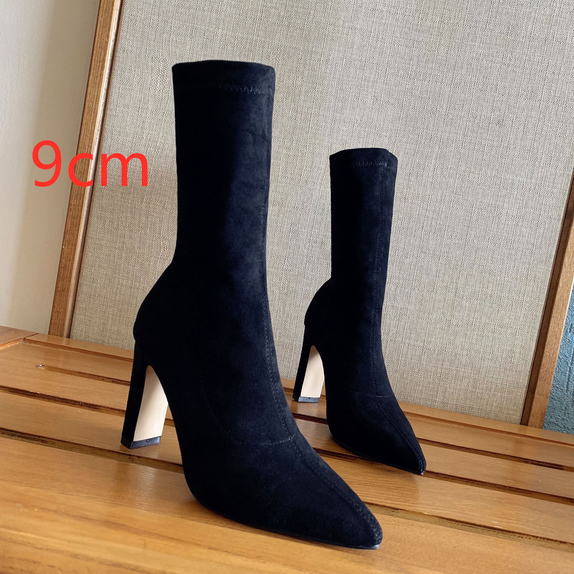 Luna Mid-Calf Stretch Boots – Sleek Fit, Bold Heel
