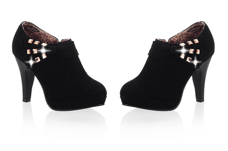 Velvet Chic Round Toe High Heels with Studded Strap