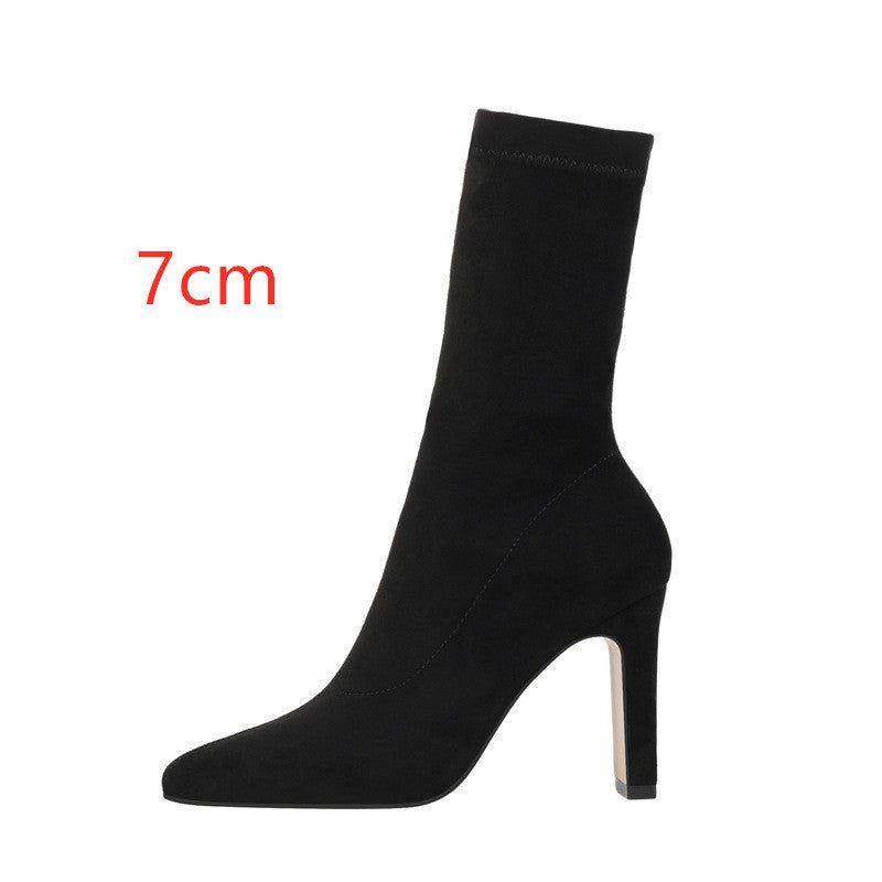 Luna Mid-Calf Stretch Boots – Sleek Fit, Bold Heel