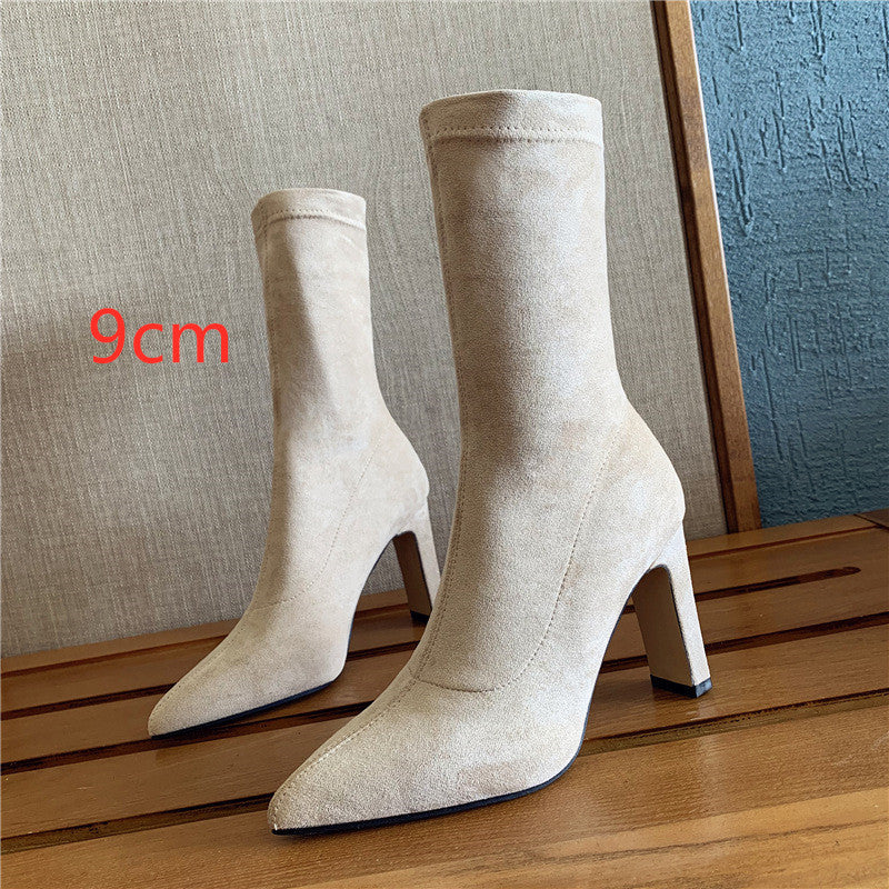 Luna Mid-Calf Stretch Boots – Sleek Fit, Bold Heel