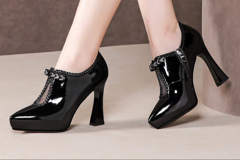 Block-heel Deep Patent Leather Low-top High Heels