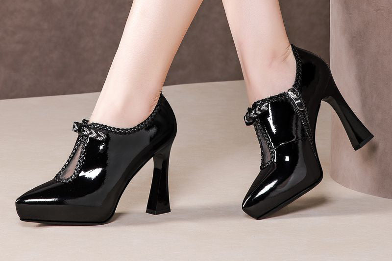 Block-heel Deep Patent Leather Low-top High Heels
