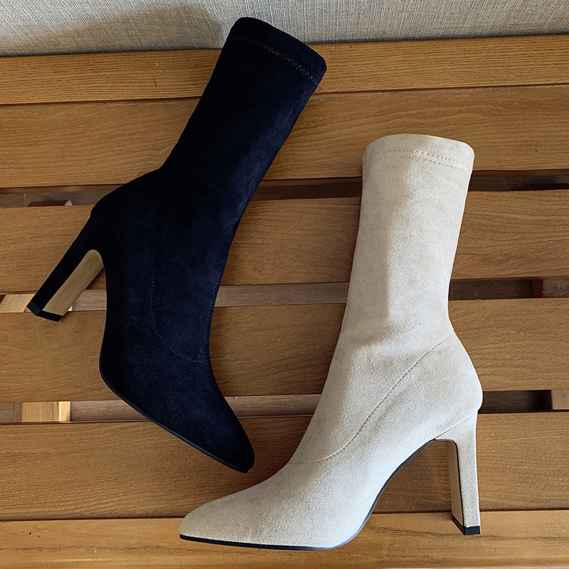 Luna Mid-Calf Stretch Boots – Sleek Fit, Bold Heel